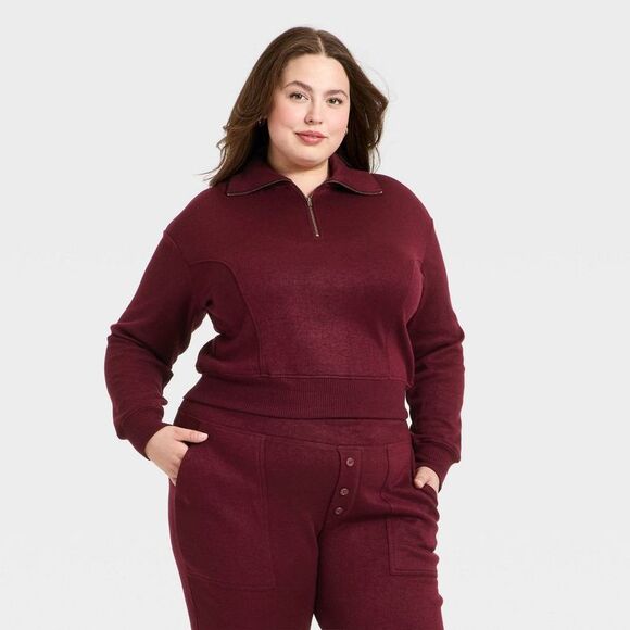 Universal Thread Tops - Universal Thread - Women's Quarter Zip Pullover Sweatshirt - Universa Burgundy